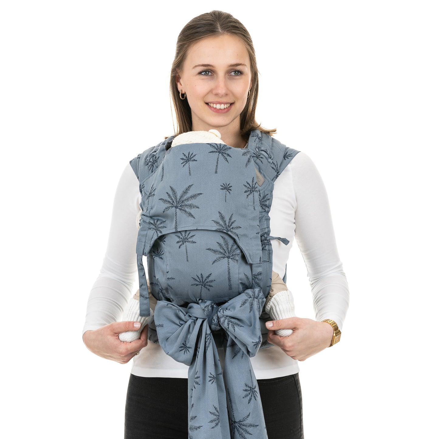 Front view of Fly Tai Mei Tai Sling baby carrier Design Palm Trees dove blue