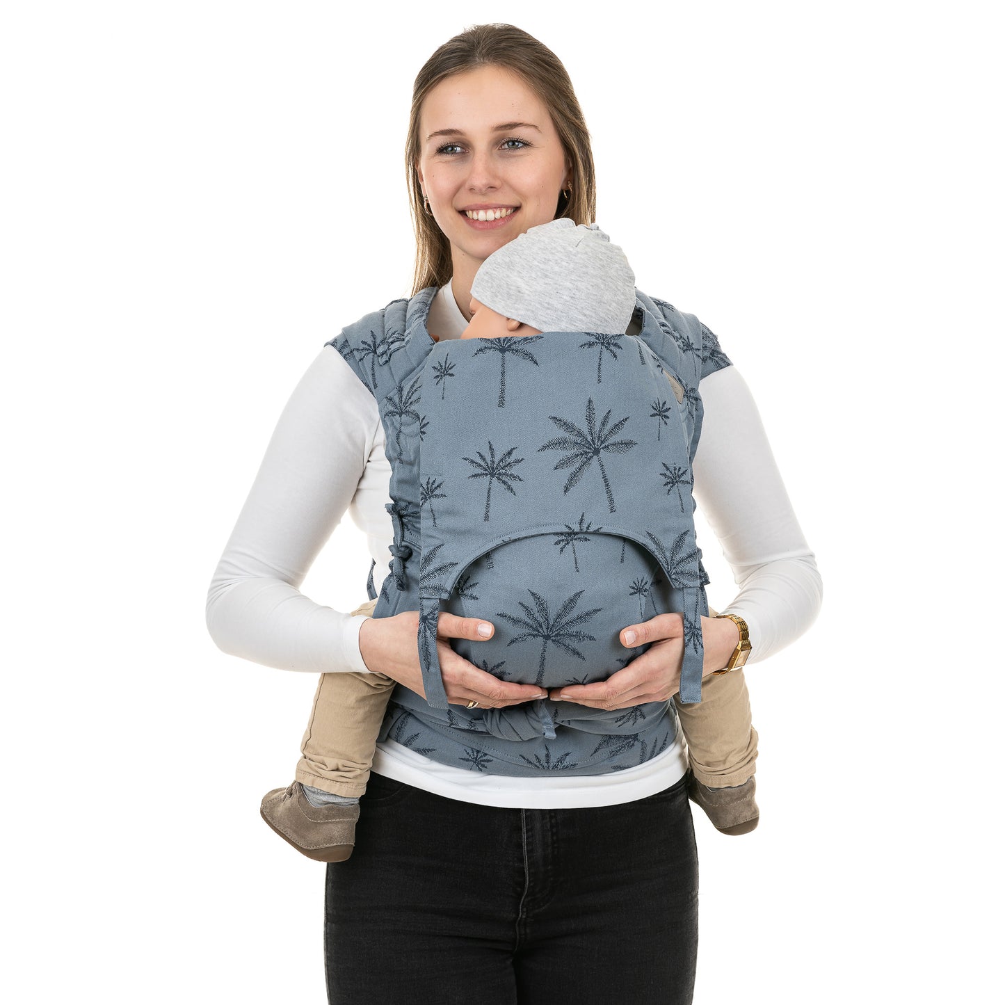 Front view of FlyClick Half Buckle Baby Carrier Design Palm Trees dove blue