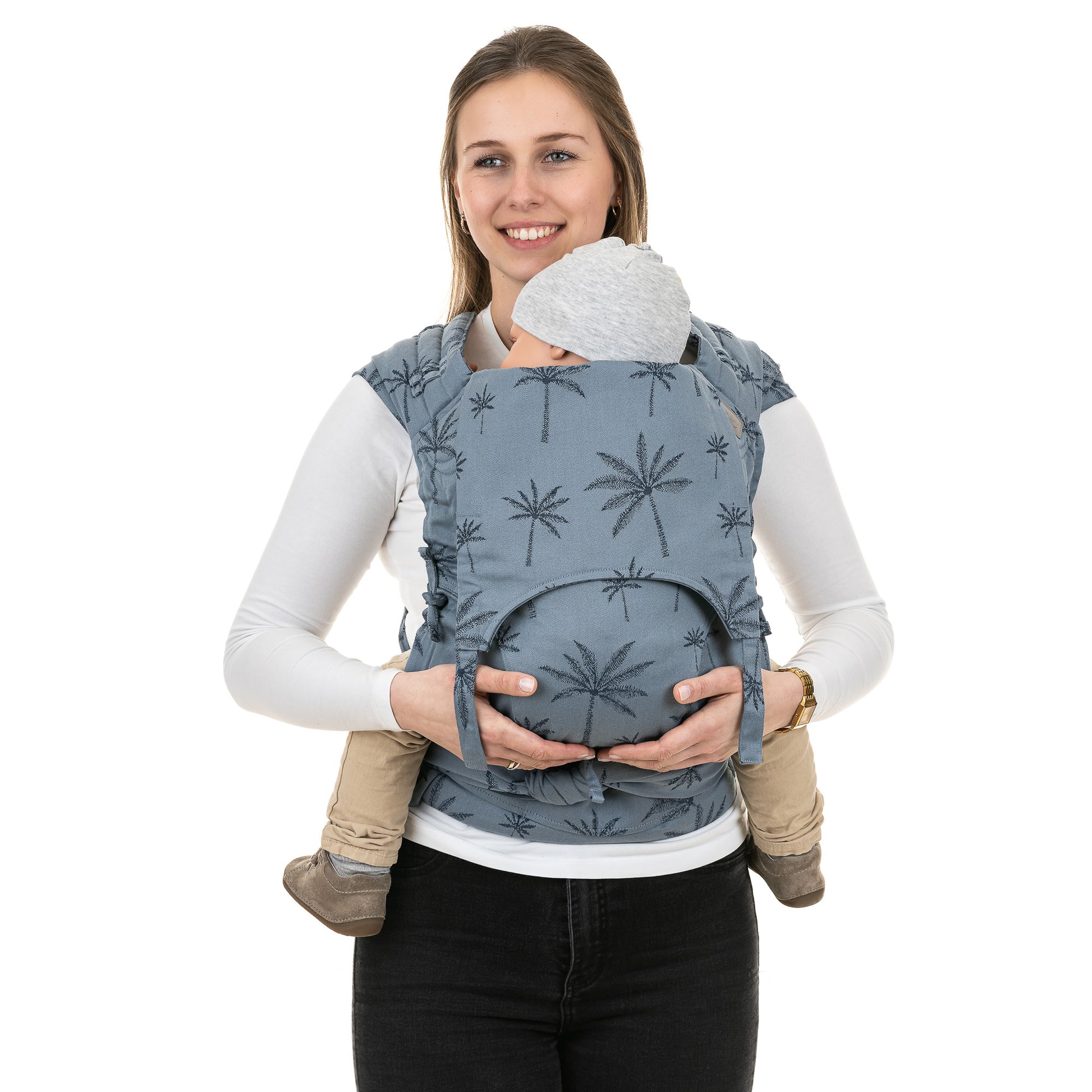 Vorderansicht von FlyClick Halbschnallen Babytrage Design Palm Trees  dove blue