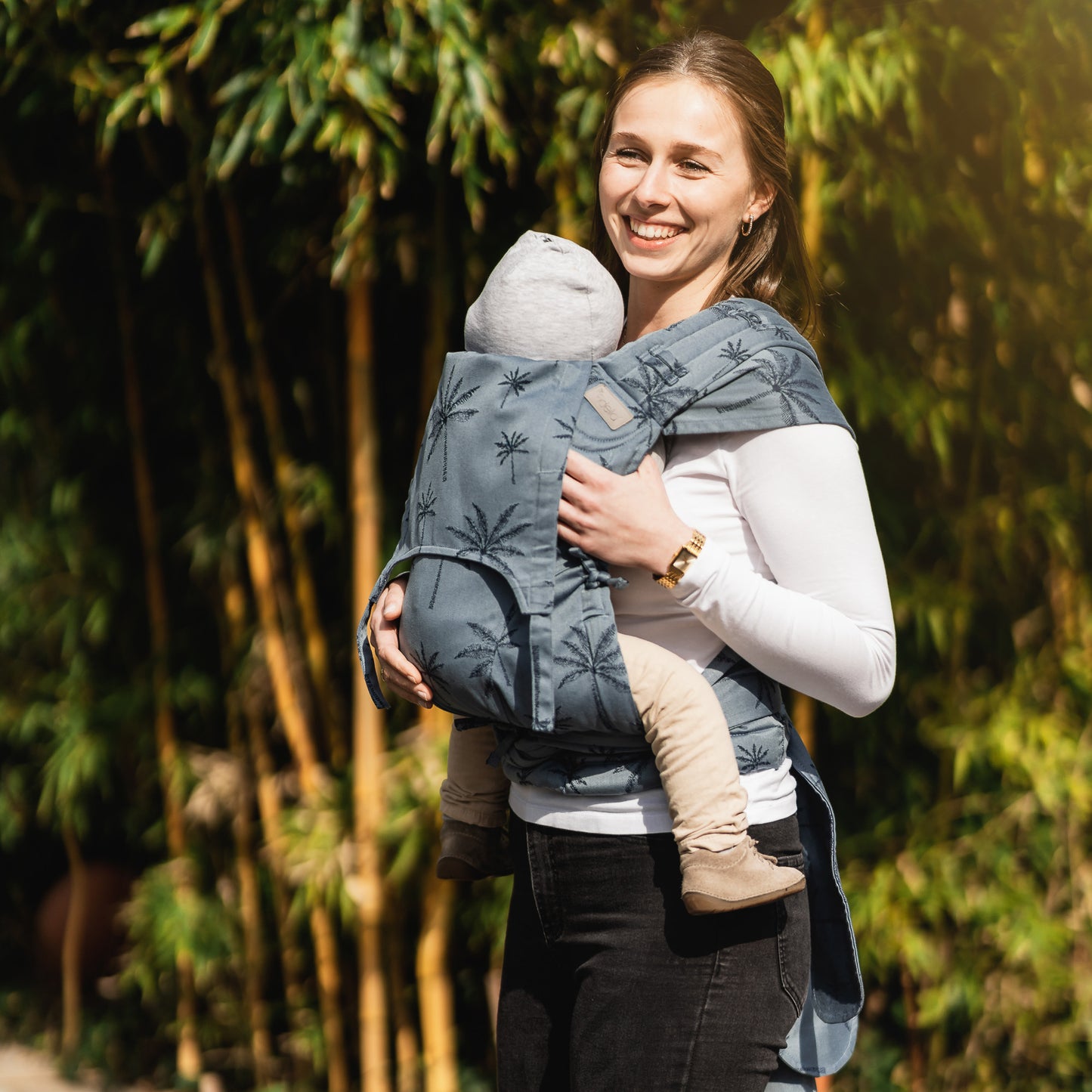 Side view of Fly Tai Mei Tai Sling baby carrier Design Palm Trees dove blue