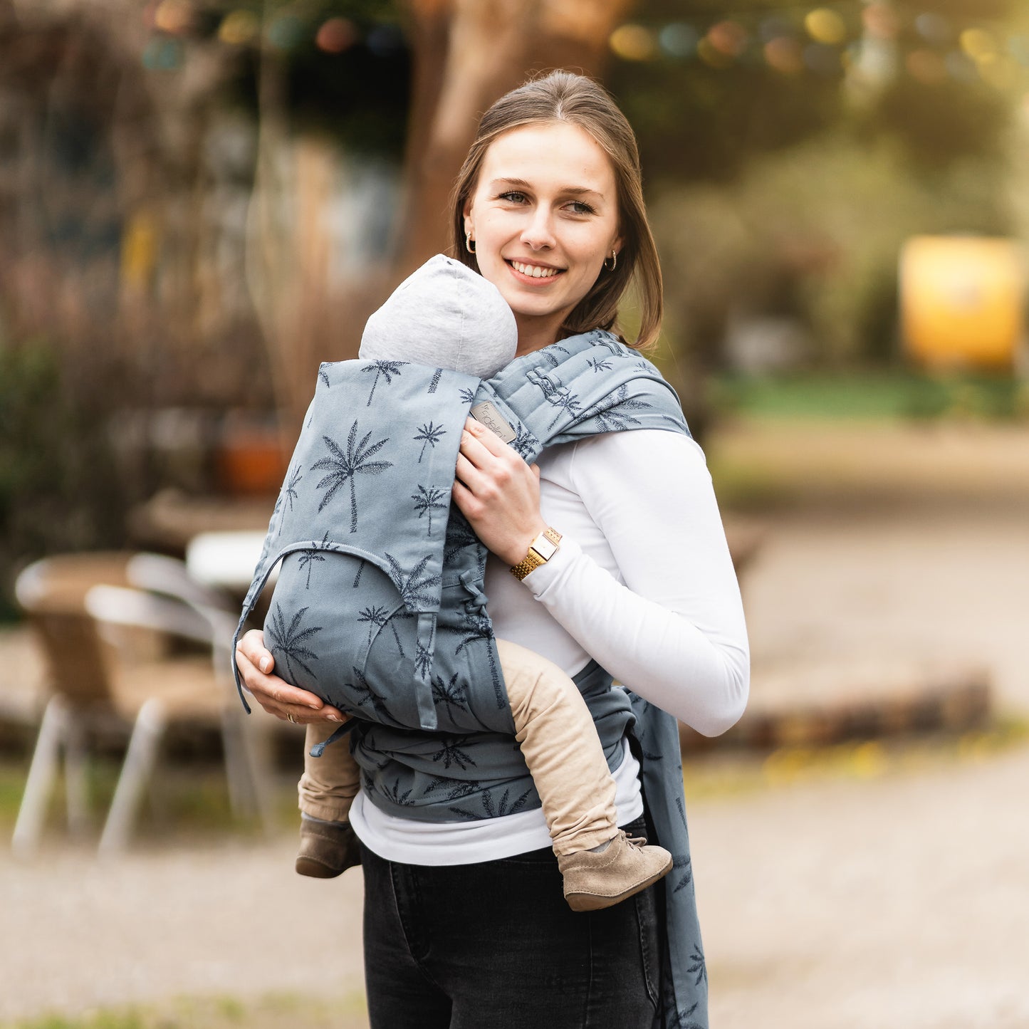 FlyClick - Halfbuckle Baby Carrier - Palm Trees - dove blue