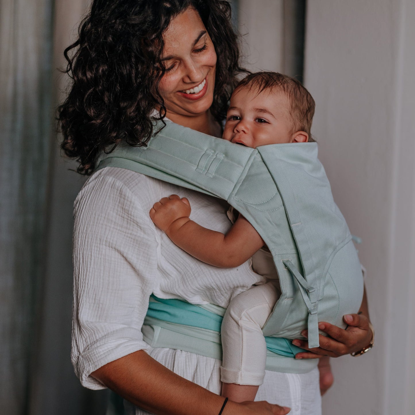 Side view of Fly Tai Mei Tai Sling baby carrier Design Chevron pastel mint