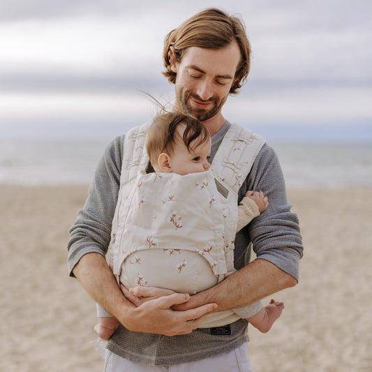 Front view of Fly Tai Mei Tai  Sling baby carrier Design Cotton Flower  pale grey