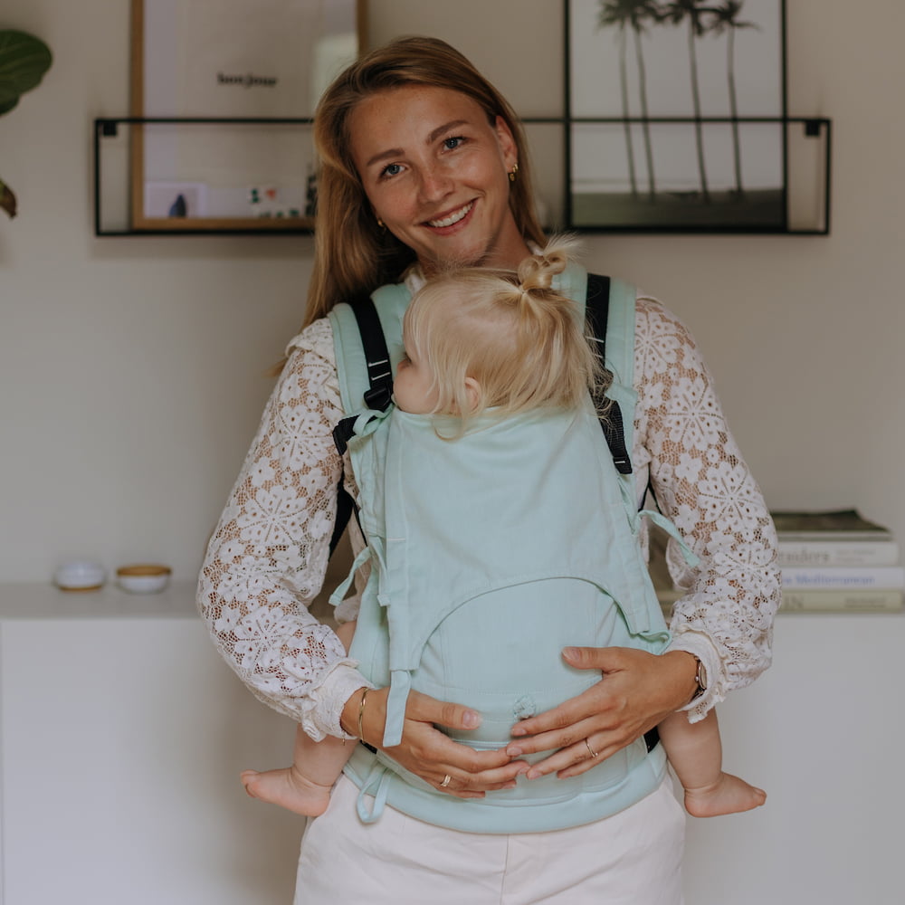 Front view of Fusion Full Buckle Baby Carrier Design Chevron pastel mint