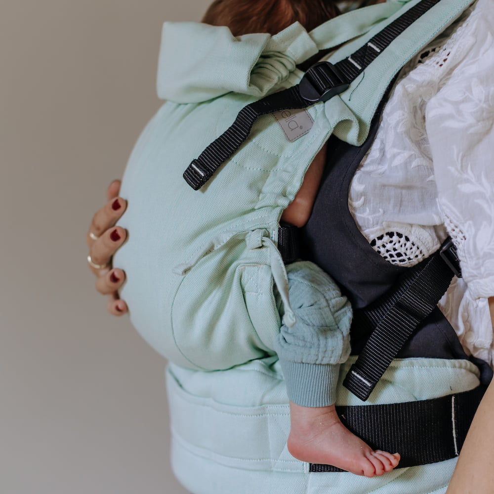 Close up of Fusion Full Buckle Baby Carrier Design Chevron pastel mint