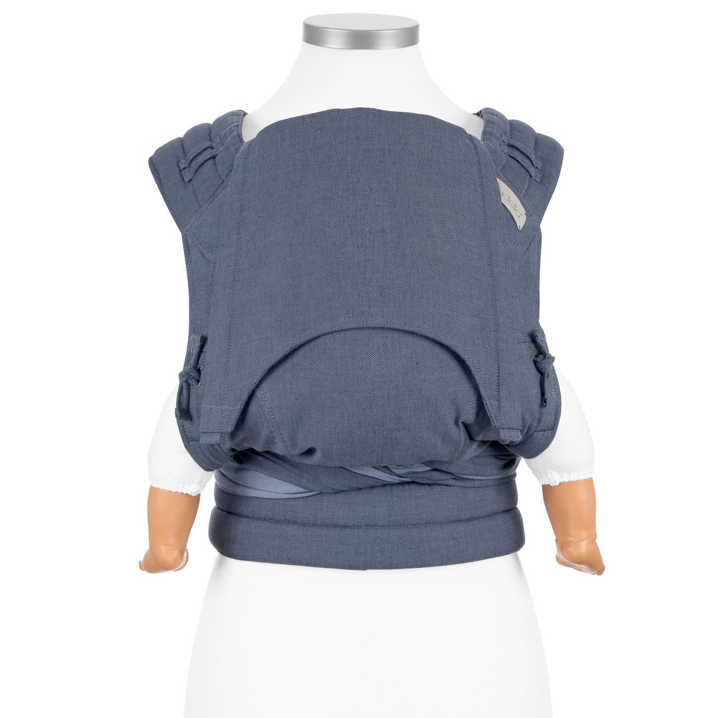 Front view of Fly Tai Mei Tai Sling baby carrier Design Chevron denim blue