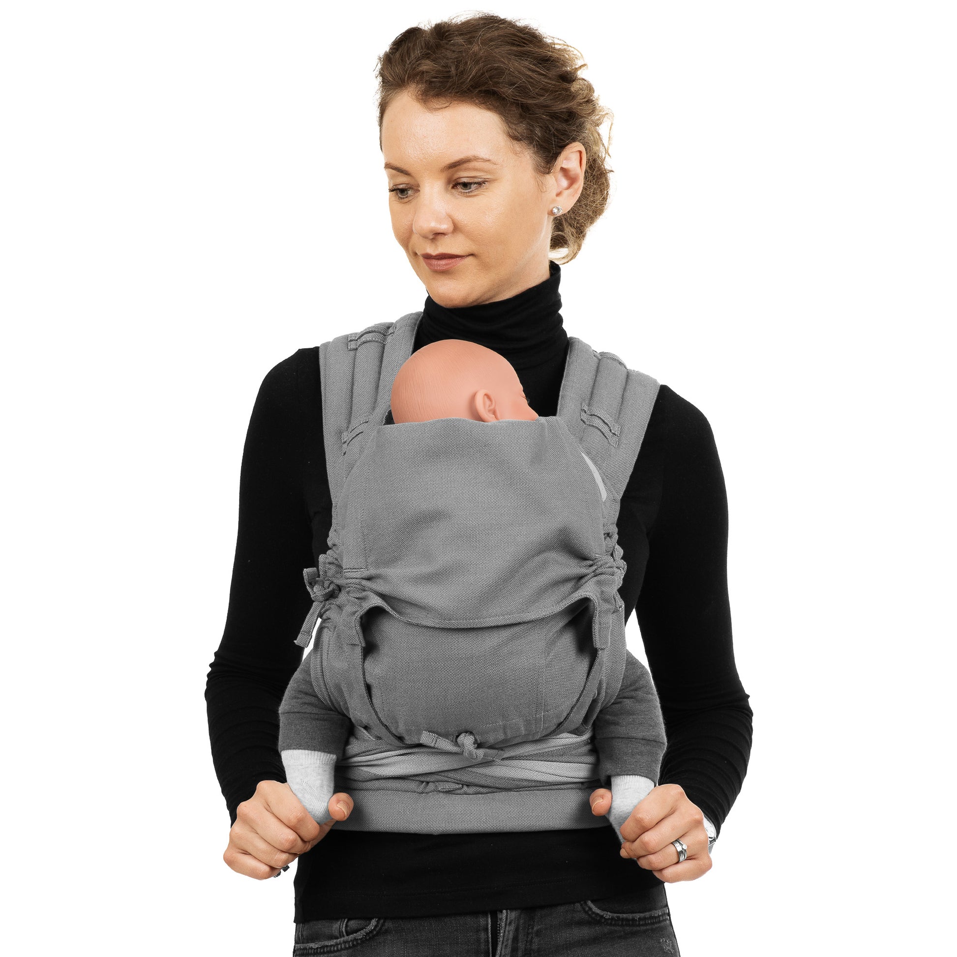 Front view of Fly Tai Mei Tai  Sling baby carrier Design Chevron  light gray
