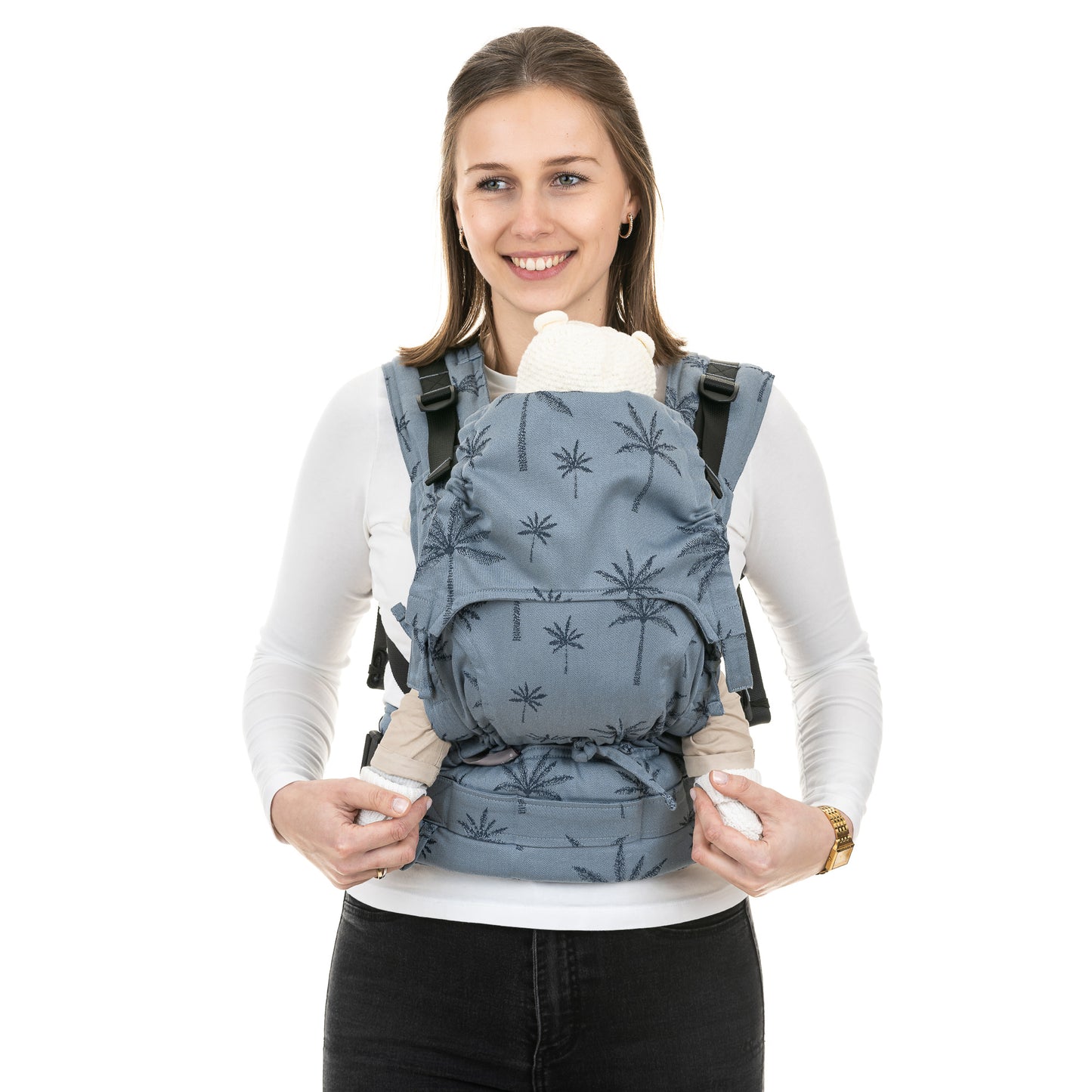 Vorderansicht von Fusion FullBuckle Tragehilfe Design Palm Trees dove blue
