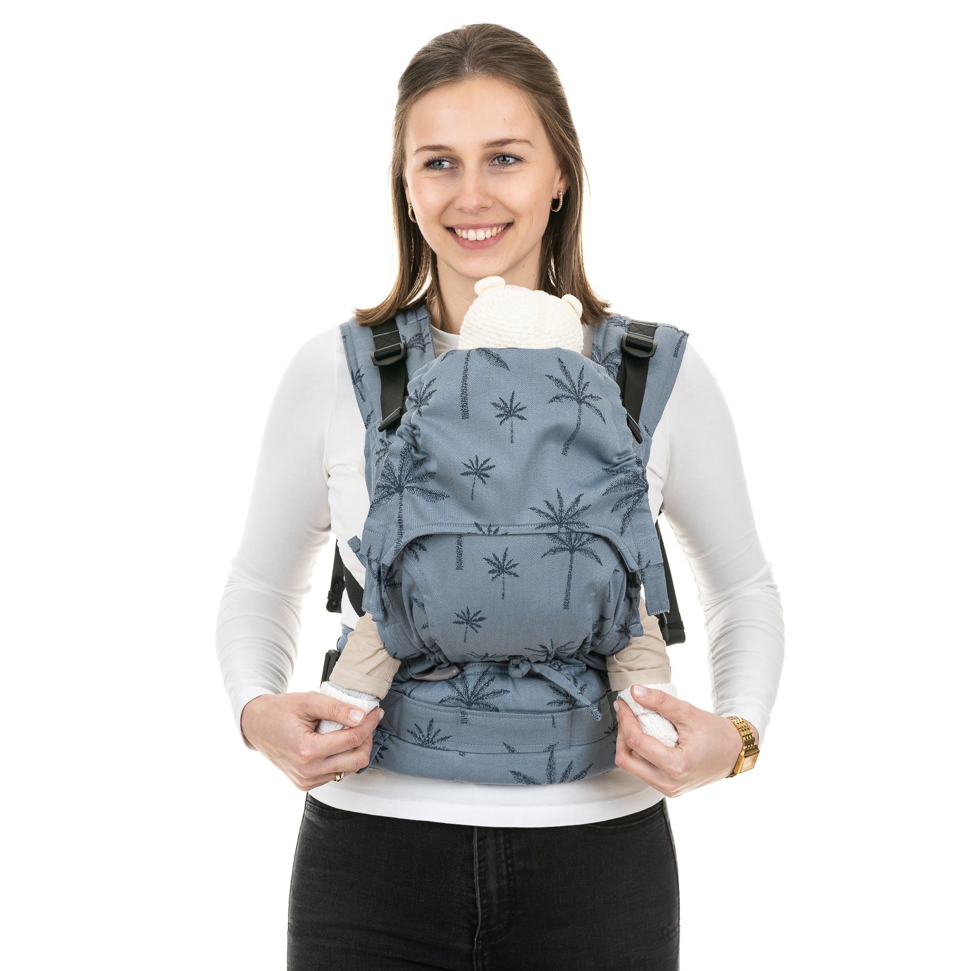 Vue de face de Fusion FullBuckle  portebébé Design Palm Trees  dove blue