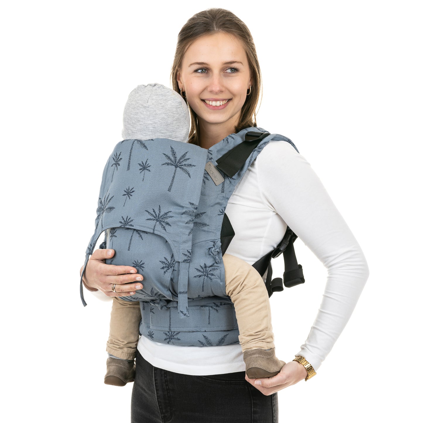Seitliche Ansicht von Fusion FullBuckle Tragehilfe Design Palm Trees dove blue