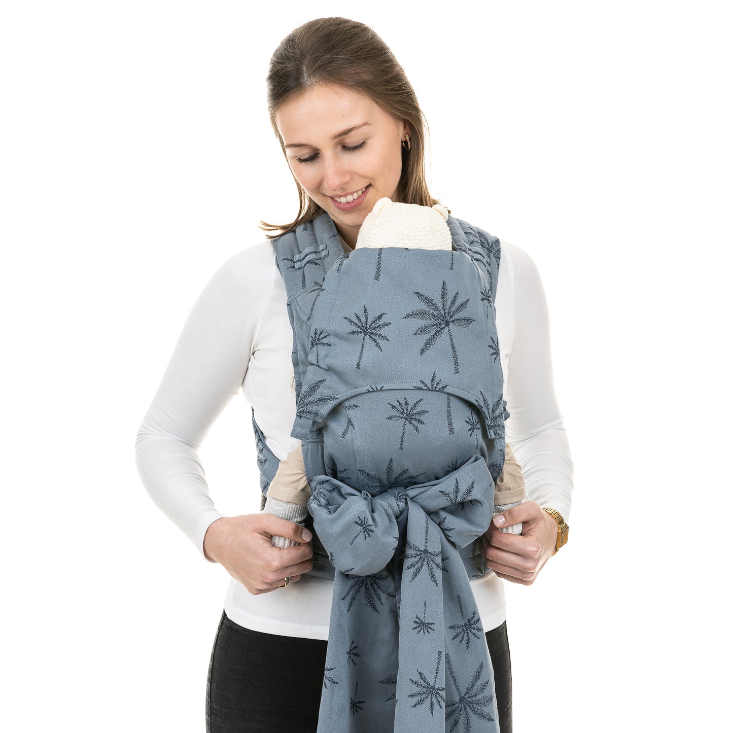 Front view of FlyClick Half Buckle Baby Carrier Design Palm Trees dove blue