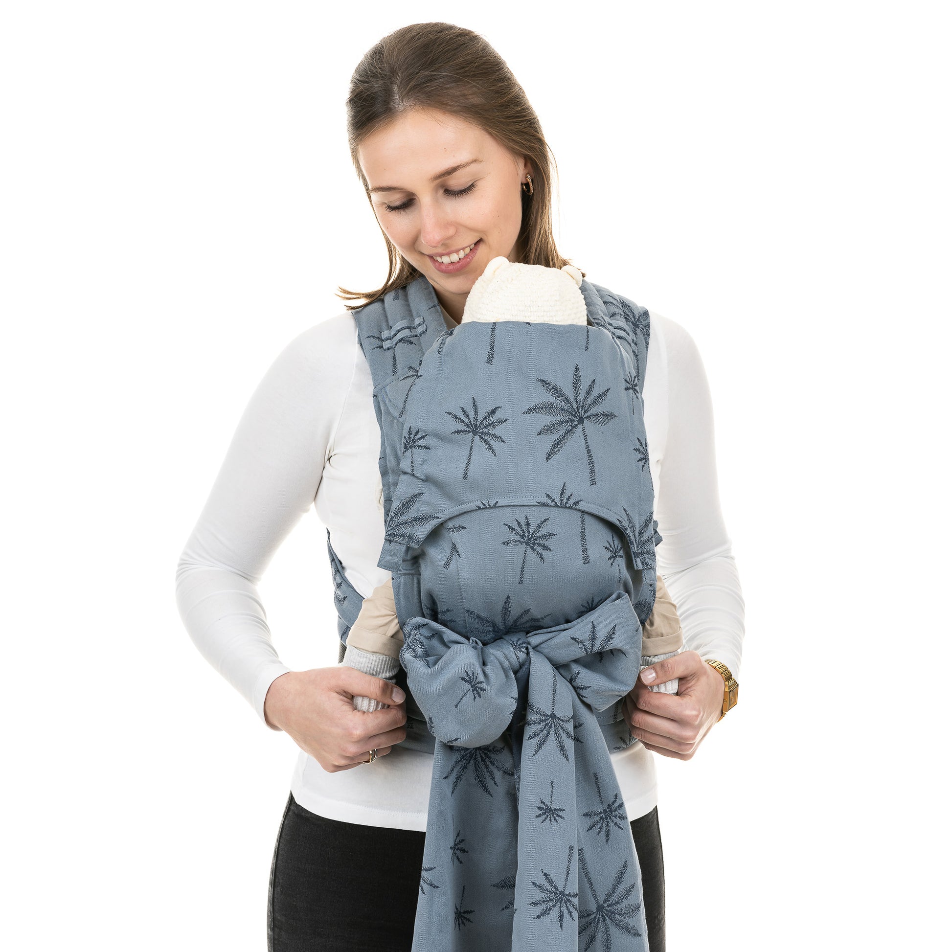 Vorderansicht von FlyClick Halbschnallen Babytrage Design Palm Trees  dove blue