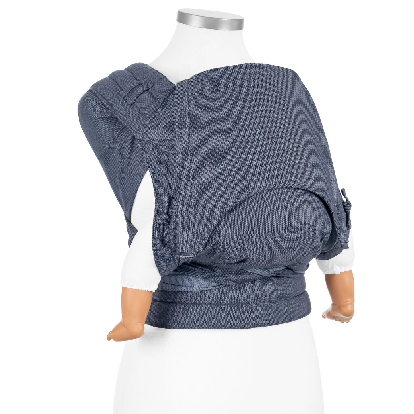 Side view of Fly Tai Mei Tai Sling baby carrier Design Chevron denim blue