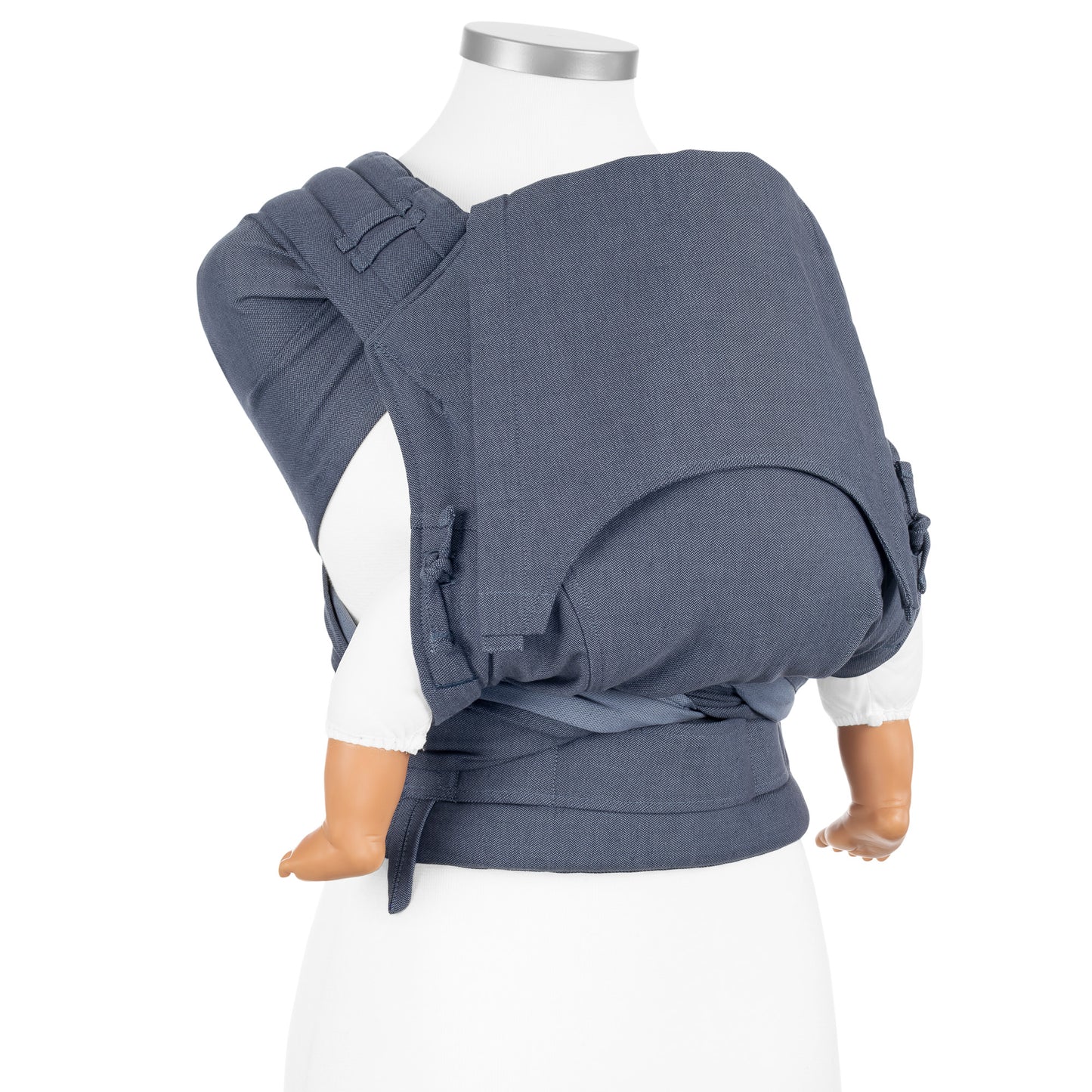 Seitliche Ansicht von FlyClick Halbschnallen Babytrage Design Chevron denim blue