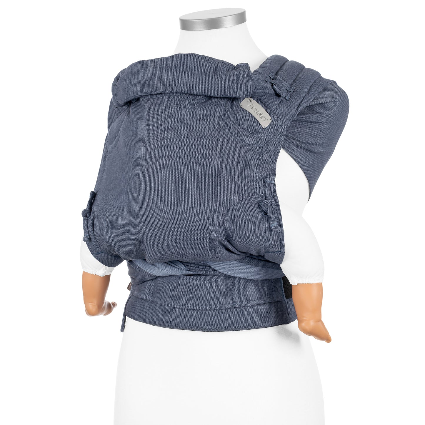 Seitliche Ansicht von FlyClick Halbschnallen Babytrage Design Chevron denim blue