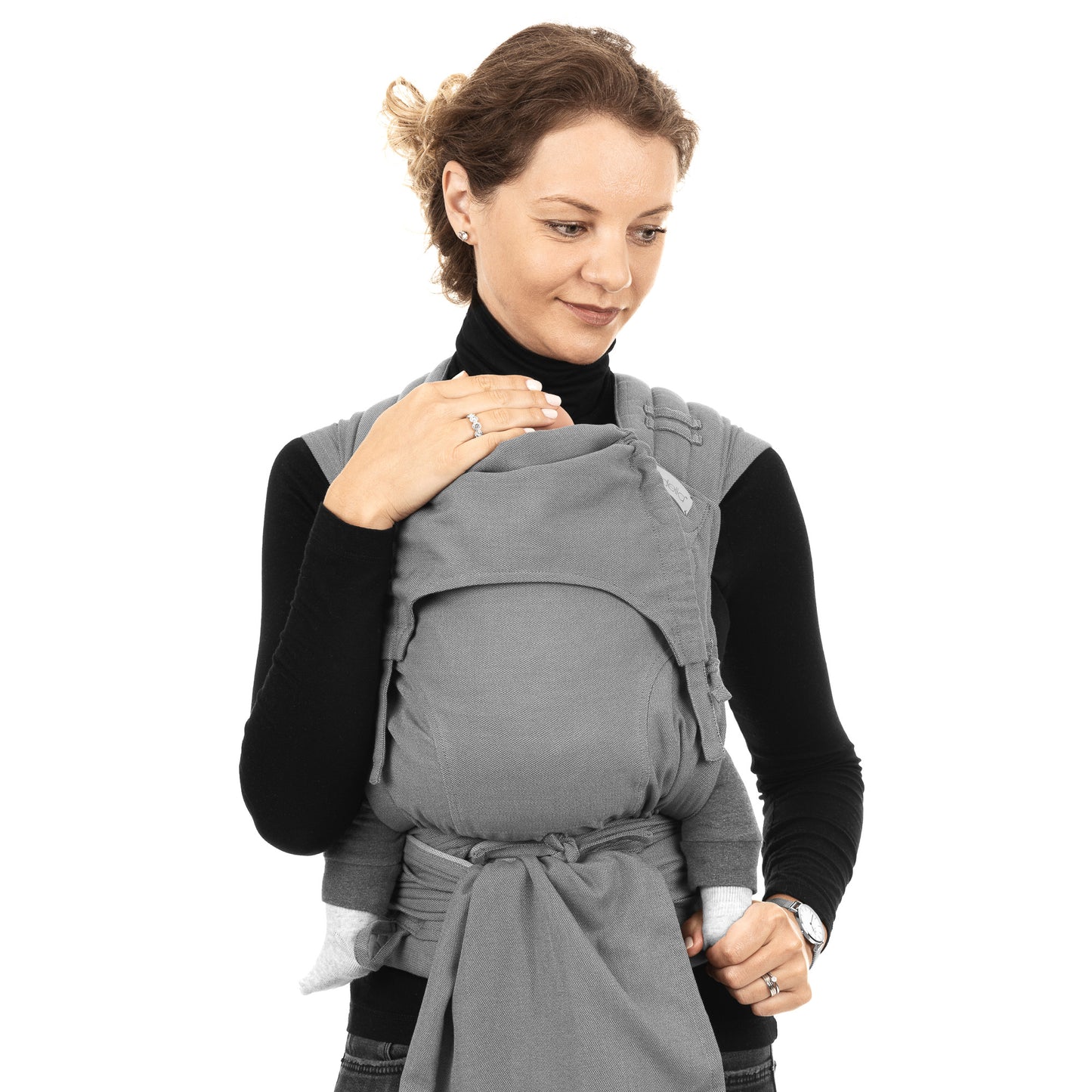 Vista frontale di FlyClick portabebè Halfbuckle Design Chevron light gray
