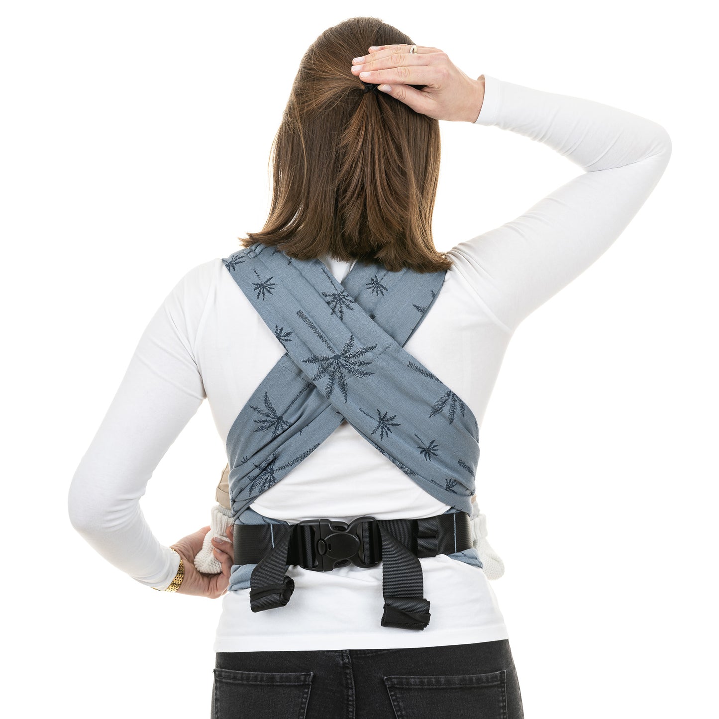 Back view of FlyClick Half Buckle Baby Carrier Design Palm Trees dove blue