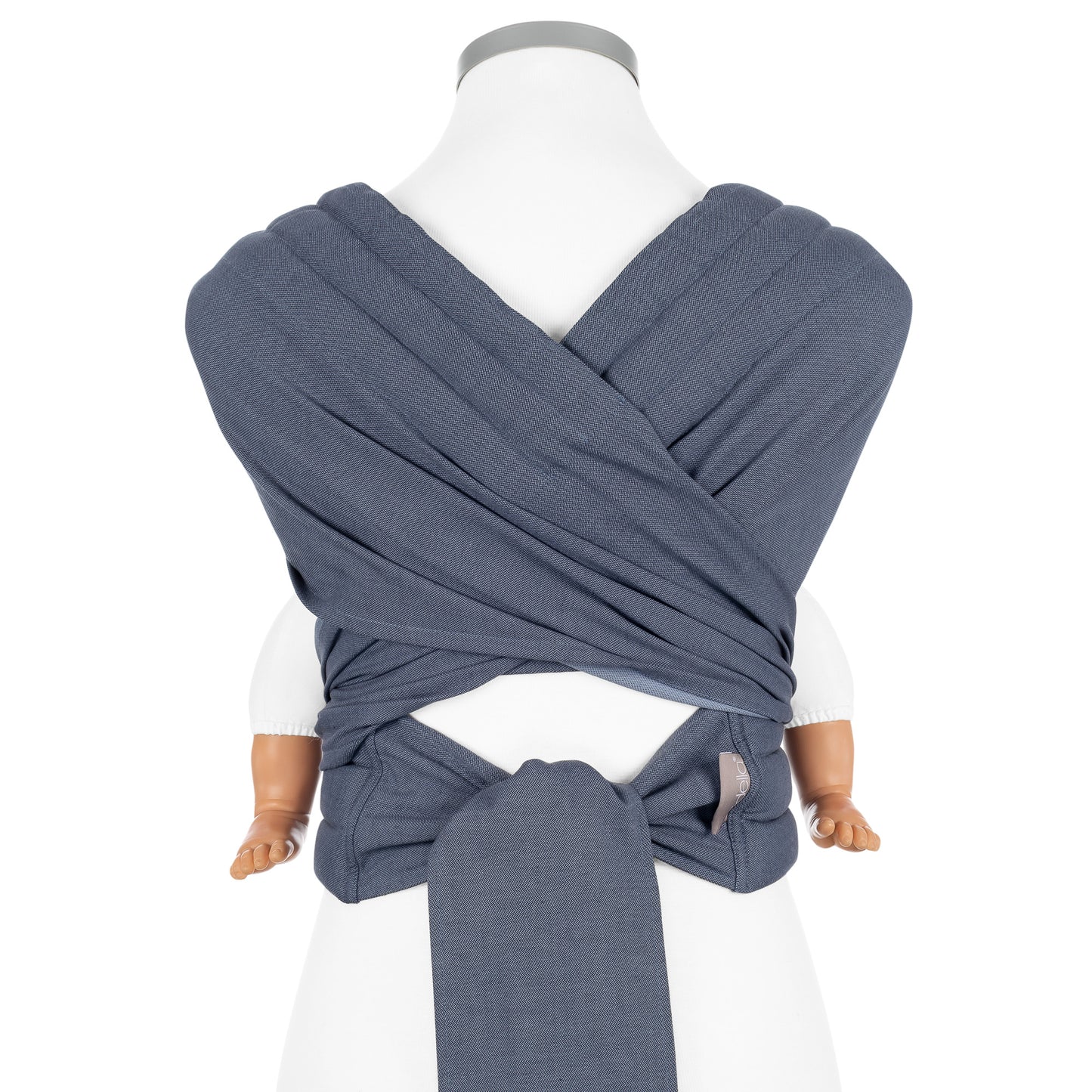 Back view of Fly Tai Mei Tai Sling baby carrier Design Chevron denim blue