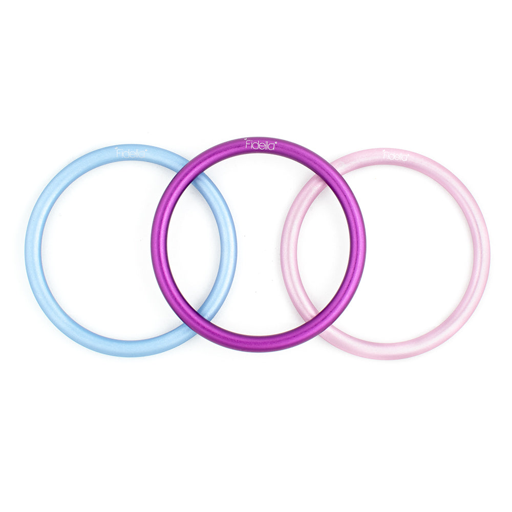 A blue, magenta and pink Ring Sling with logo side by side