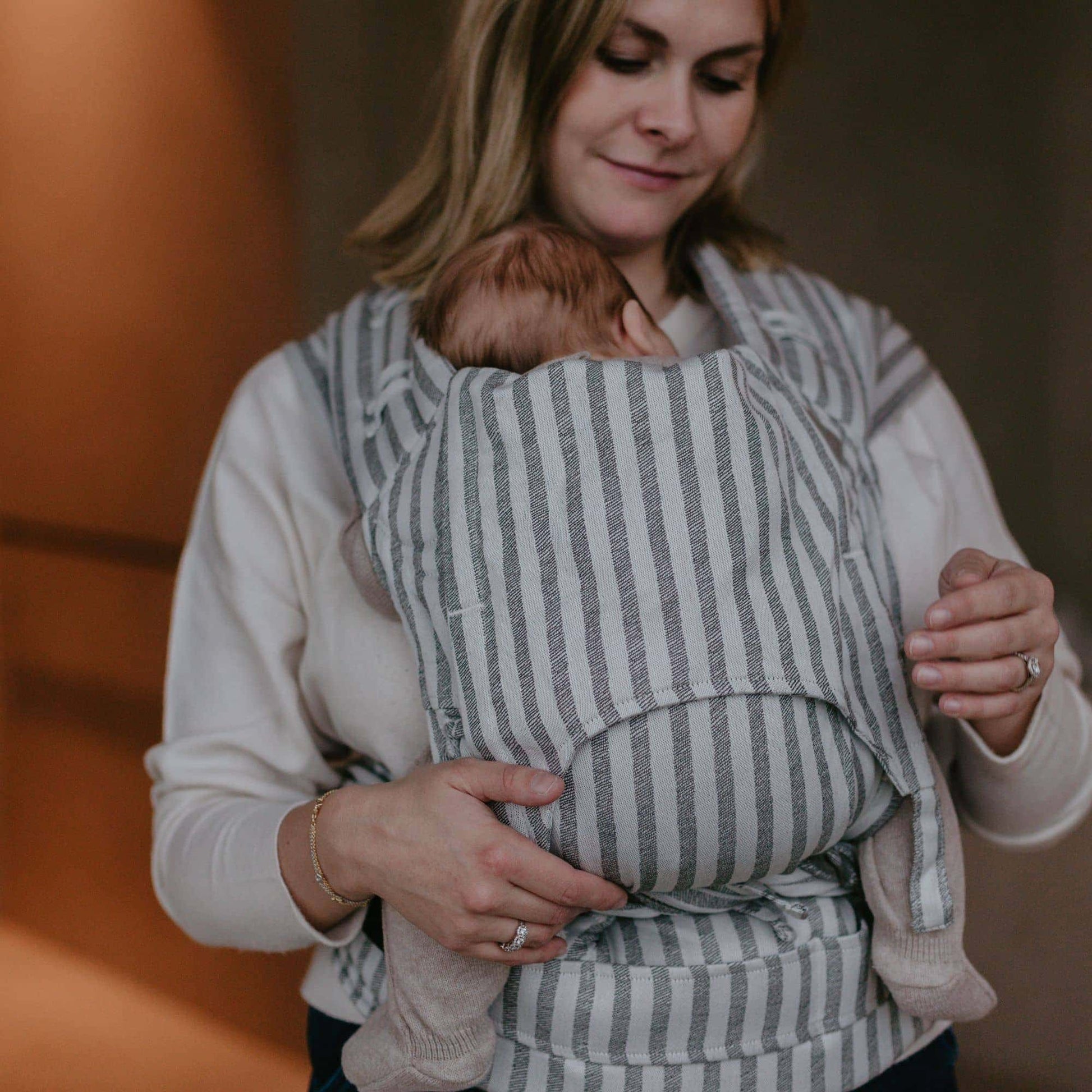 Front view of FlyClick  Half Buckle Baby Carrier Design Stripes  grey