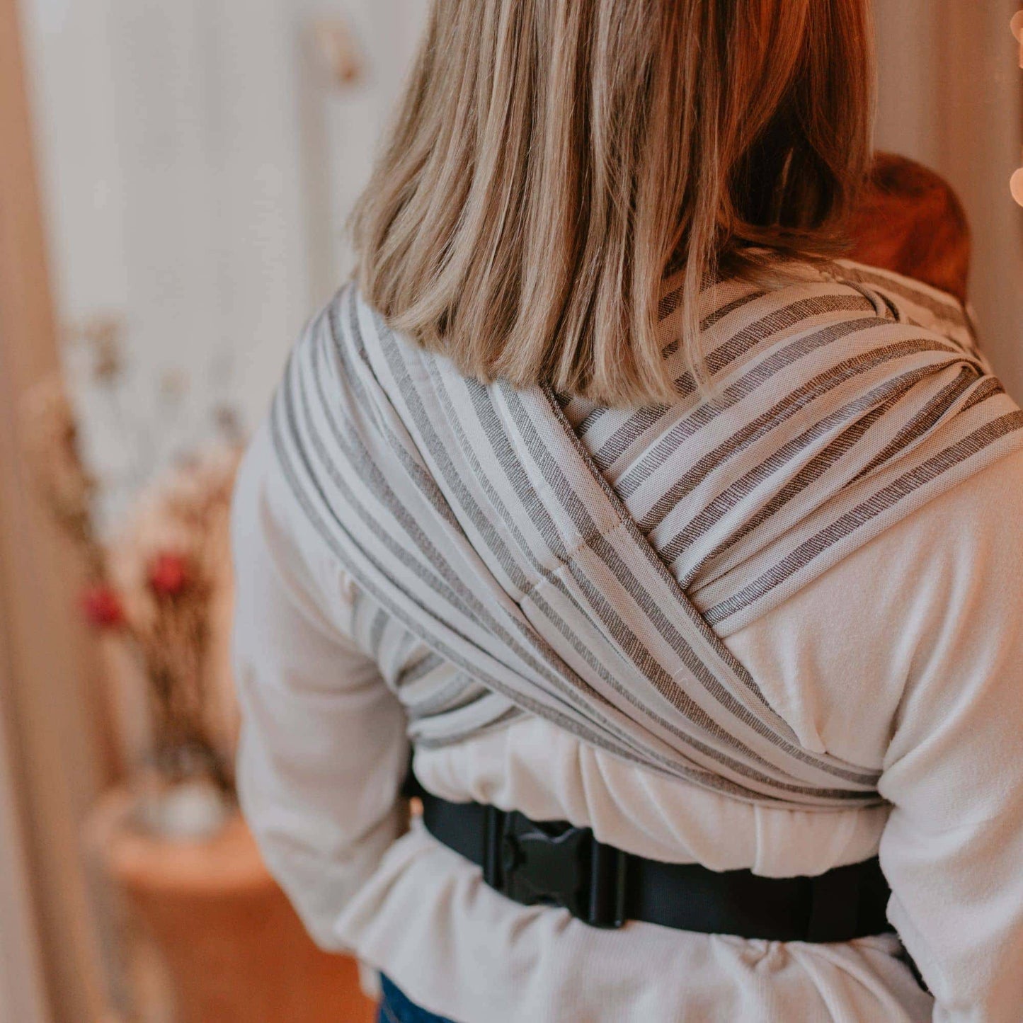 Back view of FlyClick  Half Buckle Baby Carrier Design Stripes  grey