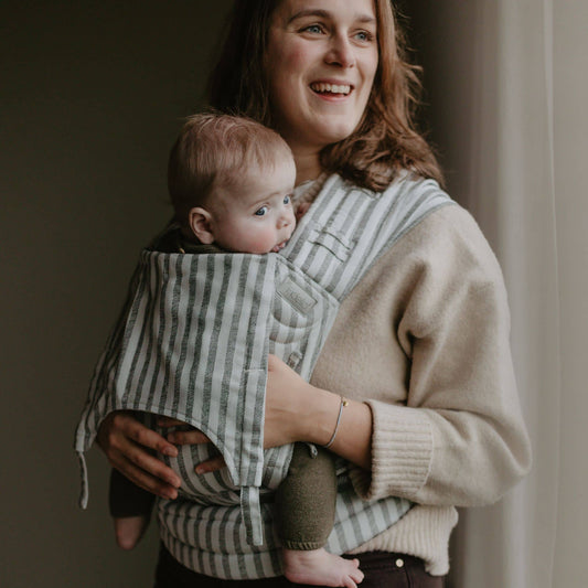 Side view of Fly Tai Mei Tai  Sling baby carrier Design Stripes  grey